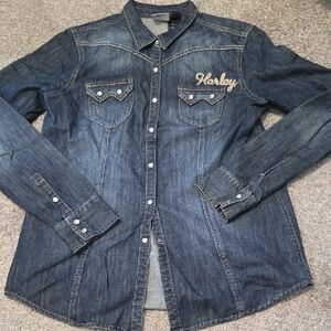 Harley-Davidson Indigo Denim Snap Western Shirt with Embroidered Logo